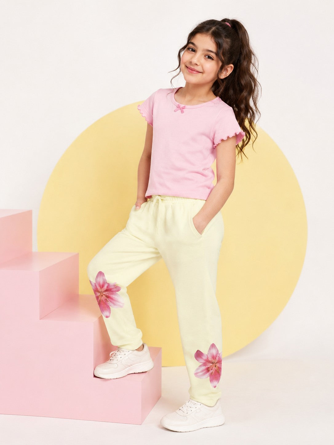 Yellow Floral Print  Regular Fit Joggers