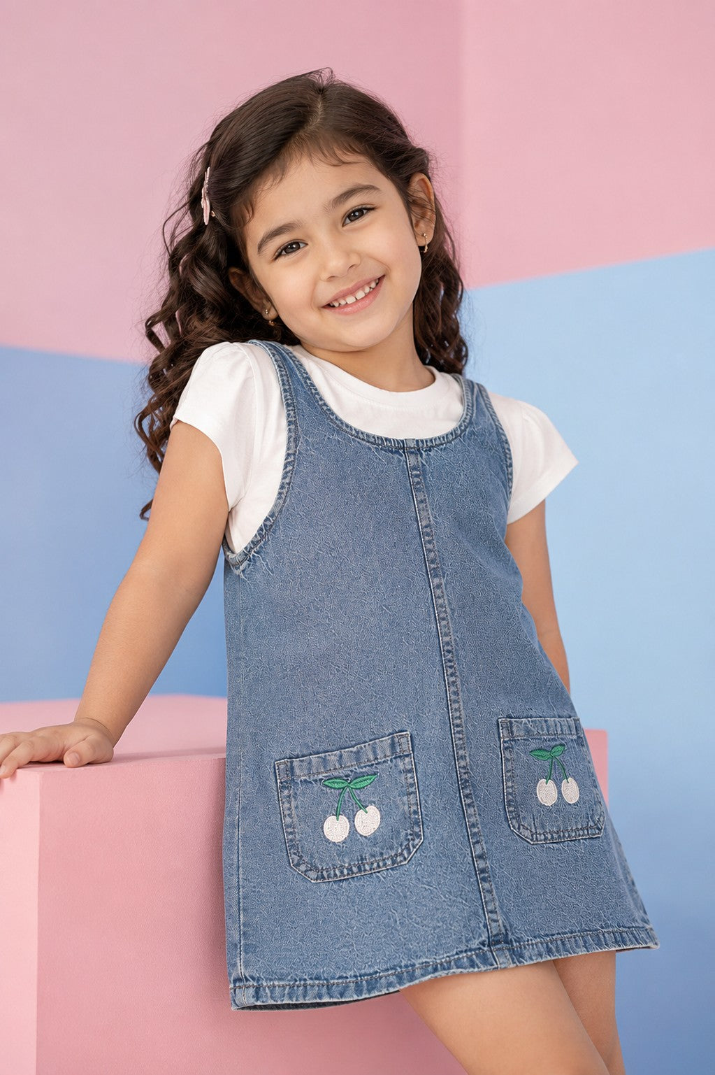 Blue Embroidered Cotton Dungaree With T-Shirt