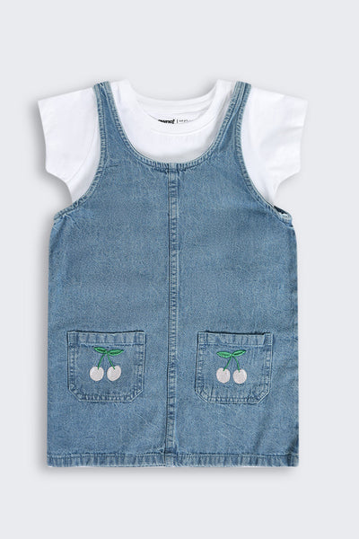 Blue Embroidered Cotton Dungaree With T-Shirt