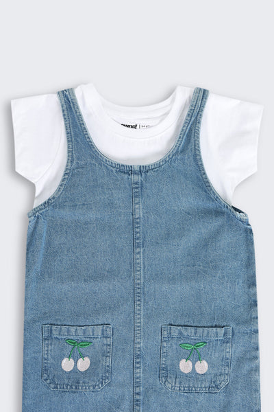 Blue Embroidered Cotton Dungaree With T-Shirt